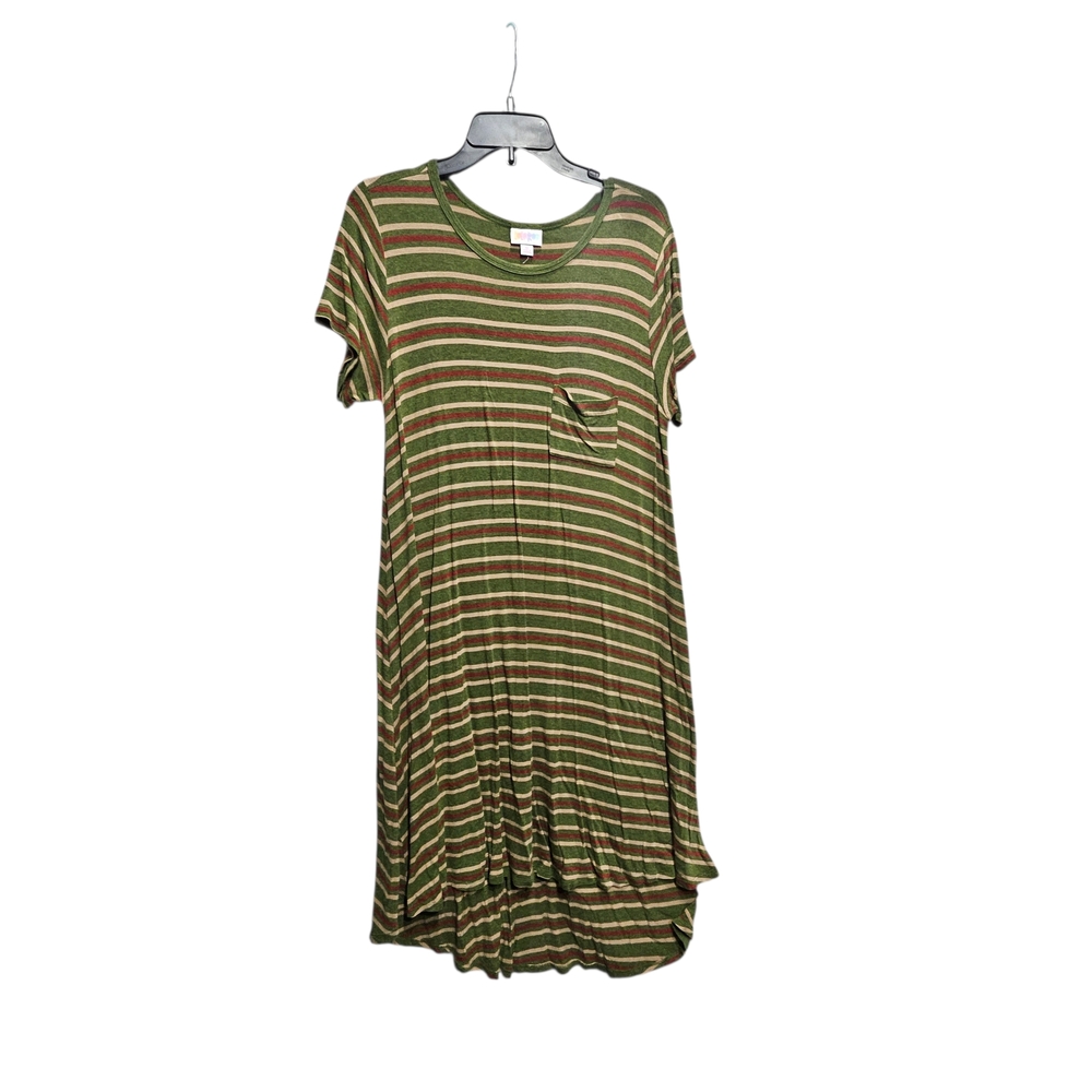 LuLaRoe Green, Red, Tan Striped Carly Swing Dress With High Low Hemline SZ M